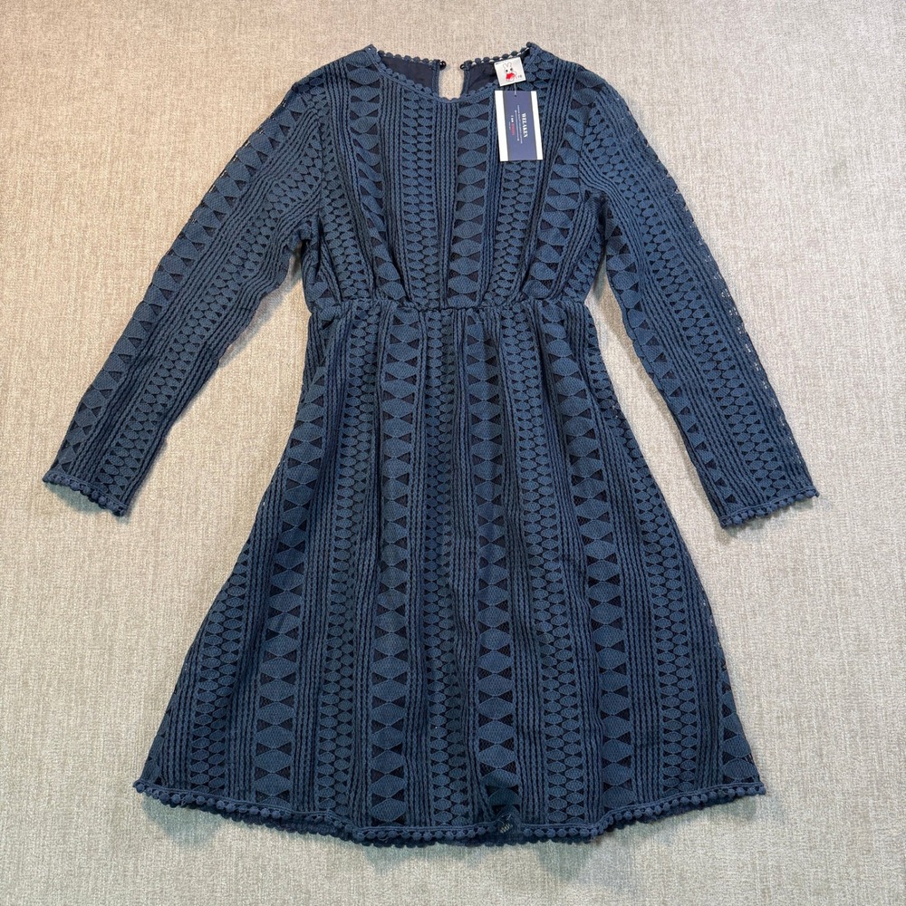 Welaken Navy Blue Lace Long Sleeve Dress Girls Size 170 Pom Pom Trim New